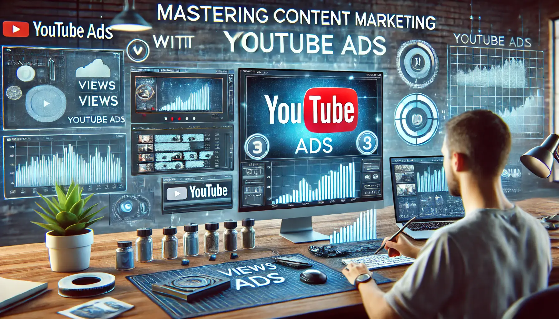 A digital workspace showing a YouTube ad campaign dashboard with high-performance metrics, alongside a content creator preparing video content.