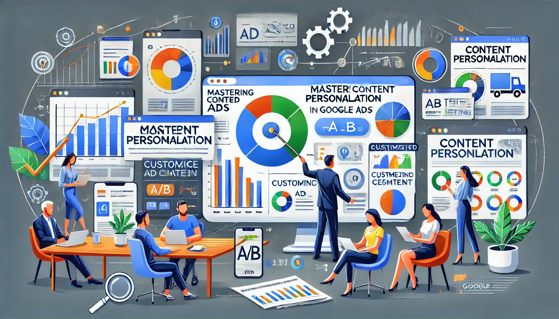 An image illustrating the process of mastering content personalization in Google Ads, featuring a marketing team optimizing campaigns.