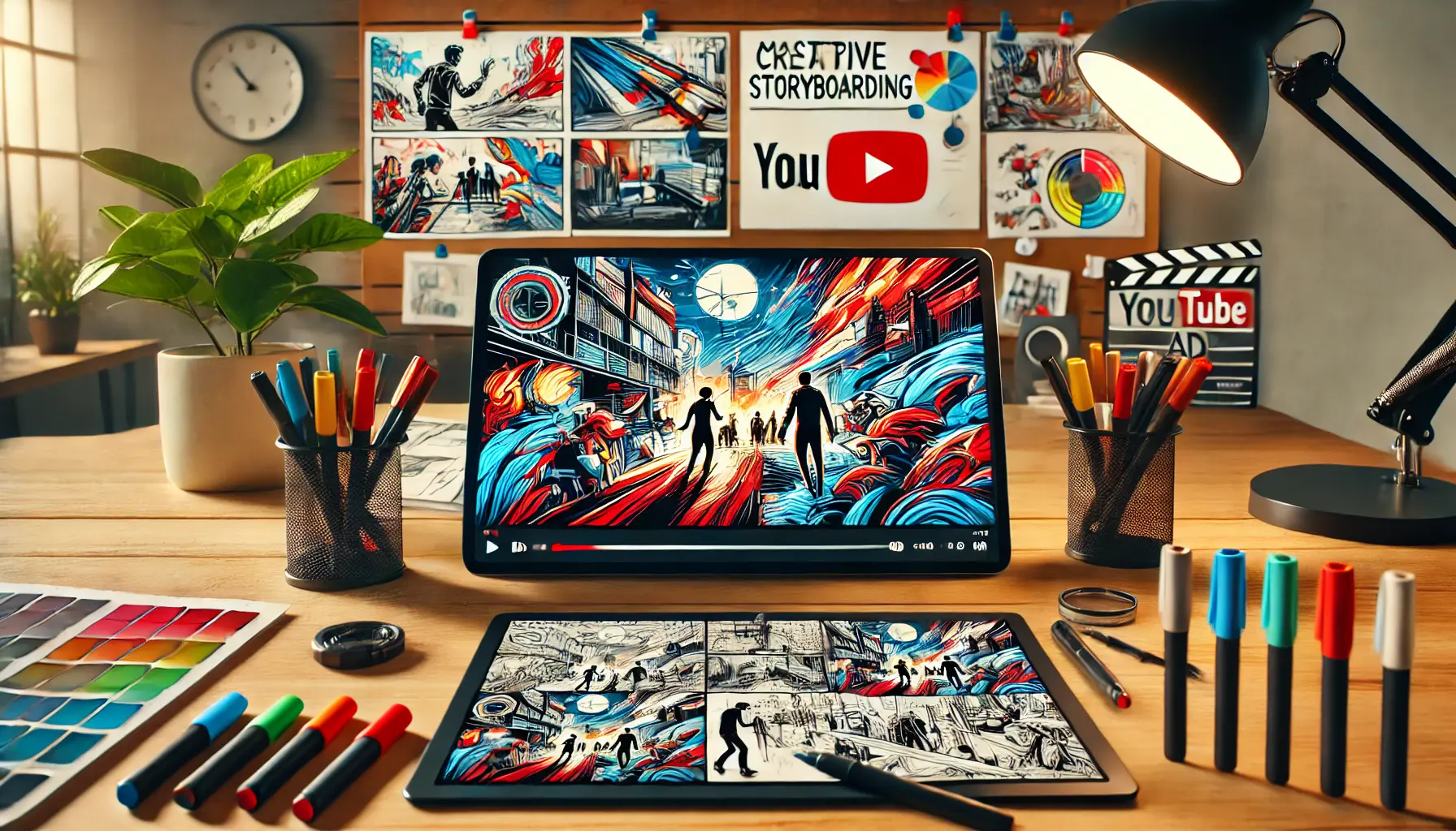 A professional workspace showcasing vibrant and dynamic storyboarding scenes designed for YouTube ads, emphasizing creativity and strategic planning.