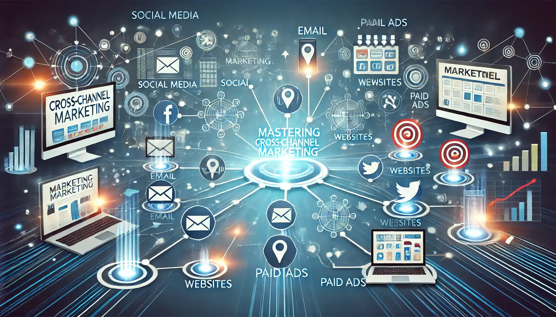 An image depicting interconnected marketing channels such as social media, email, websites, and paid ads, working together for a seamless and successful marketing strategy.