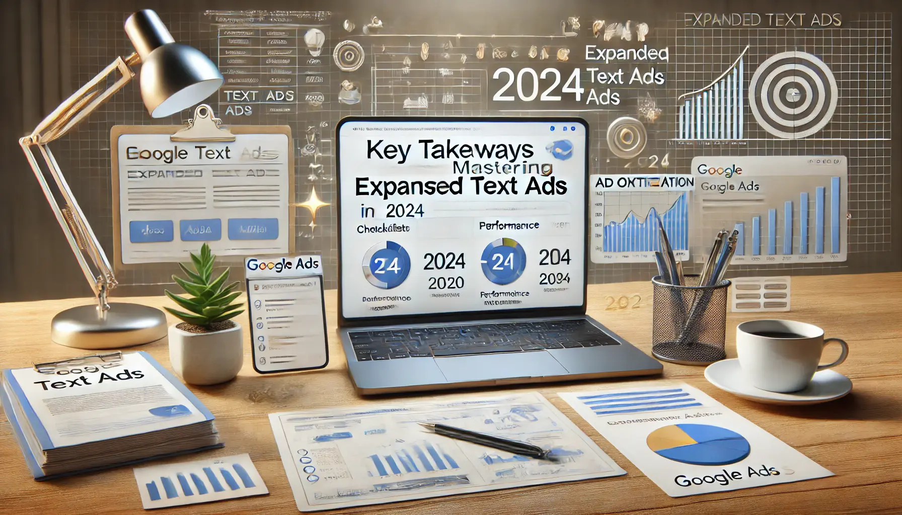 A digital marketing workspace showcasing key takeaways for mastering Expanded Text Ads, with performance graphs and optimization tools.