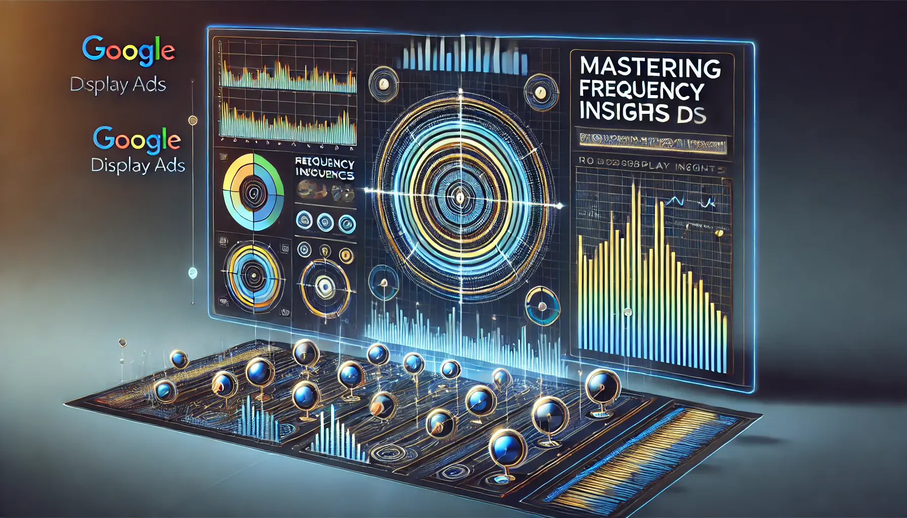 Abstract image of a digital interface with graphs, sliders, and interconnected lines symbolizing mastering frequency insights in advertising.