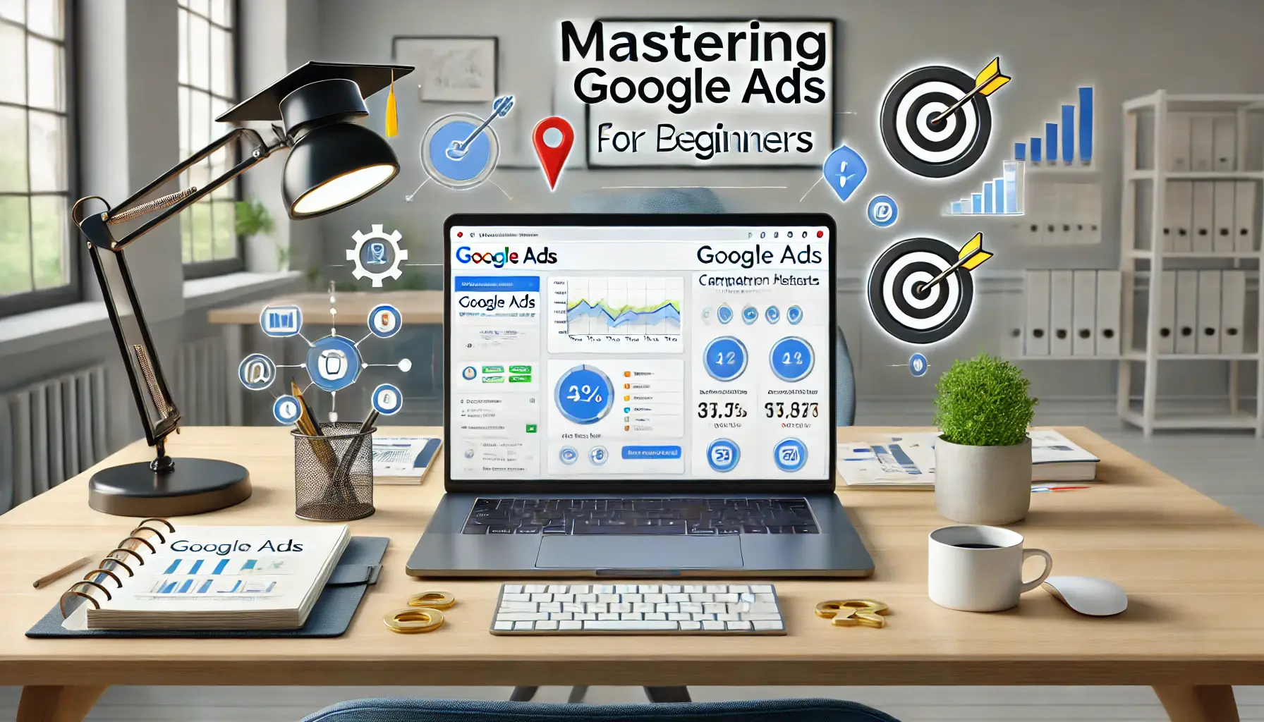 A digital workspace with a laptop displaying Google Ads dashboard, with icons representing learning and mastery like a graduation cap, target, and checklist.