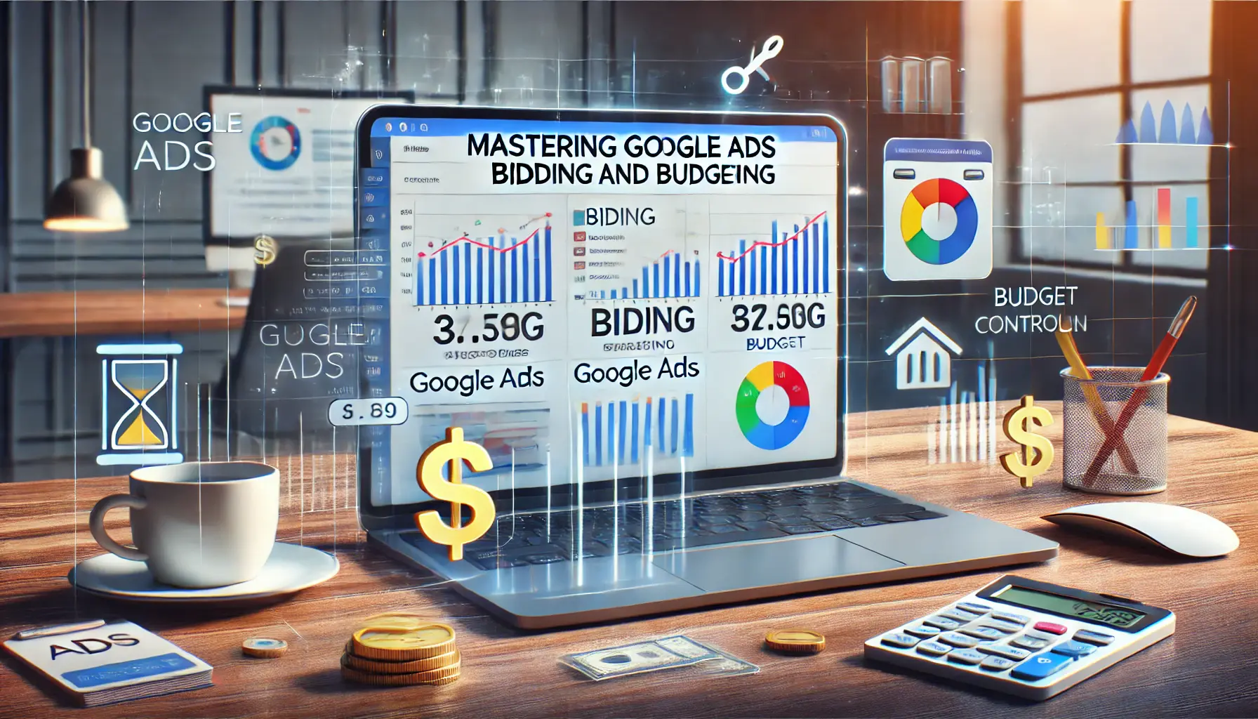 A digital workspace with a laptop displaying Google Ads dashboard with bidding sliders, graphs, and financial icons like dollar signs and a calculator.