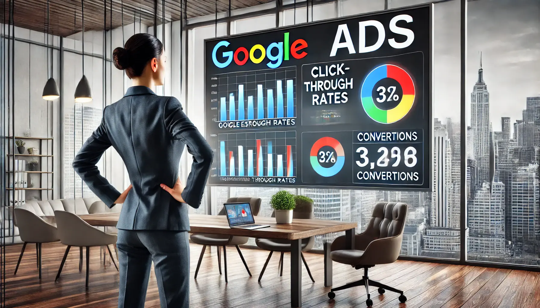 A real estate agent analyzing Google Ads performance metrics on a large screen, showing the results of a successful campaign.