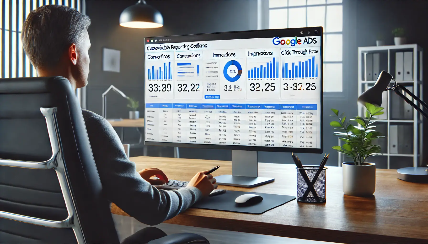 Digital marketer mastering Google Ads reporting columns on a computer screen.