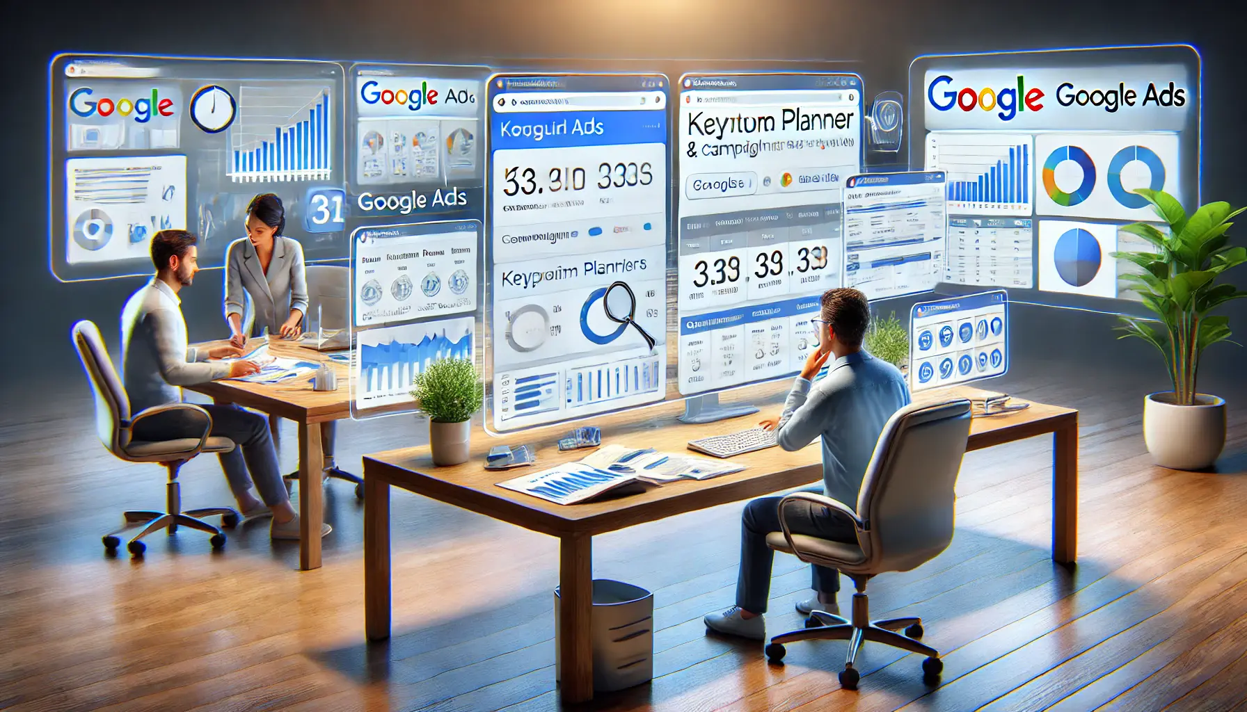 A professional workspace featuring multiple screens displaying advanced Google Ads tools like Keyword Planner and campaign analytics, with individuals analyzing and brainstorming.