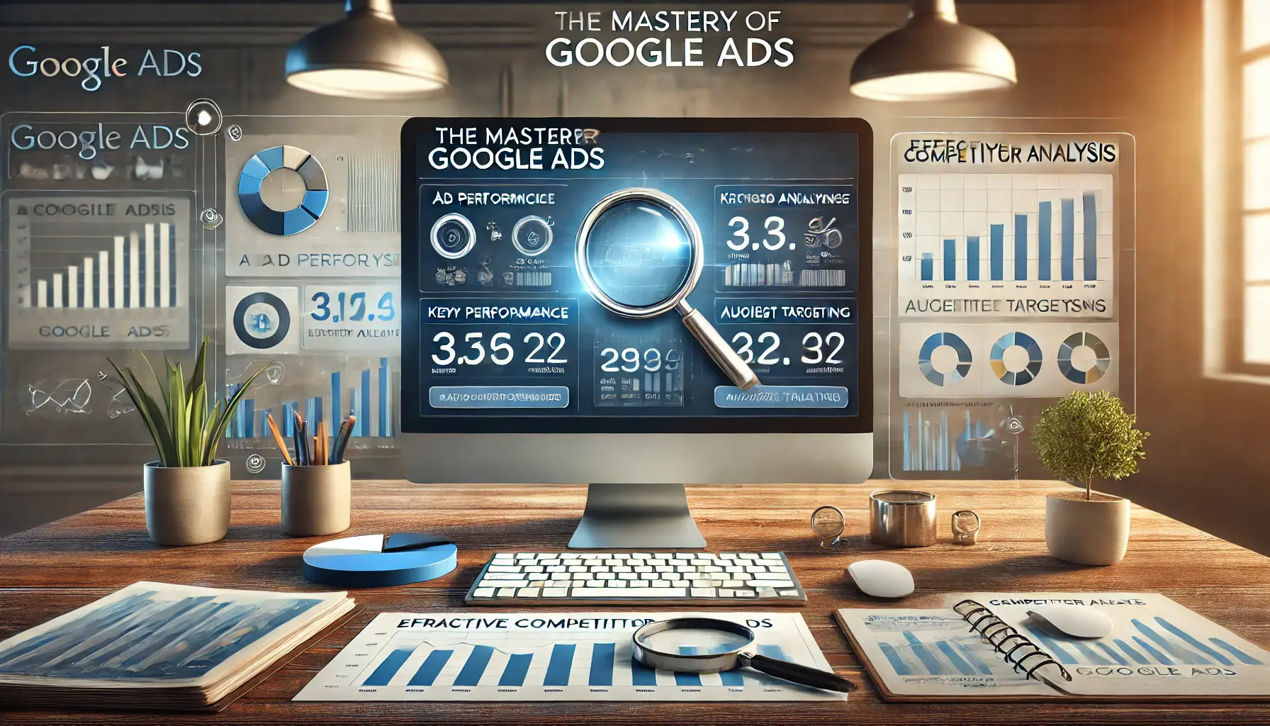 A professional workspace featuring a computer screen with an advanced analytics dashboard showing ad performance, keyword analysis, and audience targeting metrics, surrounded by strategic planning icons.