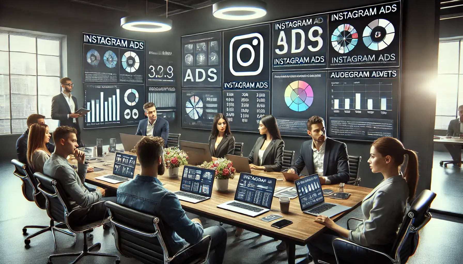 A digital marketing team discussing and analyzing Instagram ad strategies in a modern office, reviewing ad analytics and audience segmentation data.