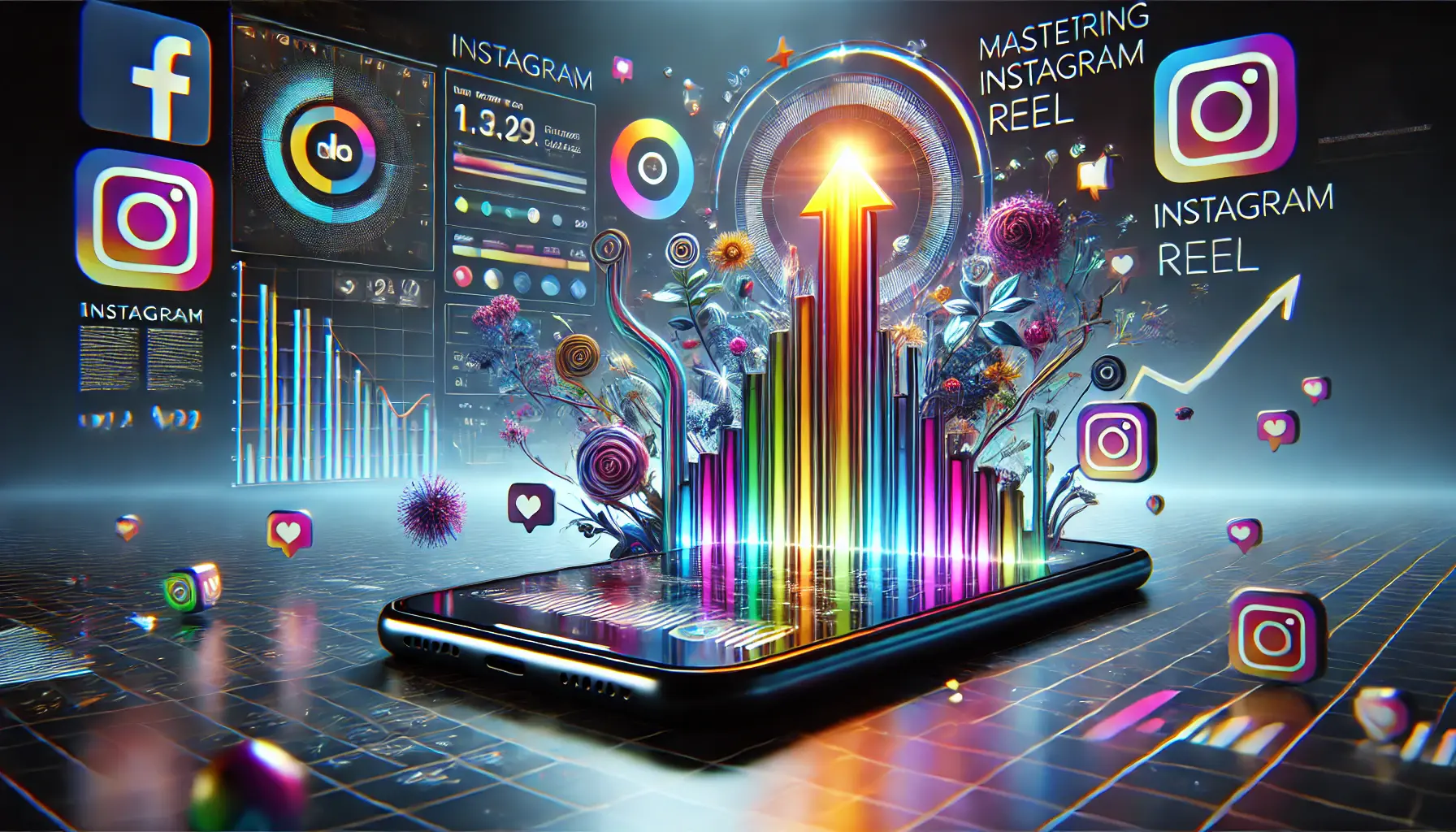 An image showing a smartphone displaying a high-quality Instagram Reel surrounded by symbols of engagement like glowing likes, shares, and comments, with elements of growth like upward arrows.