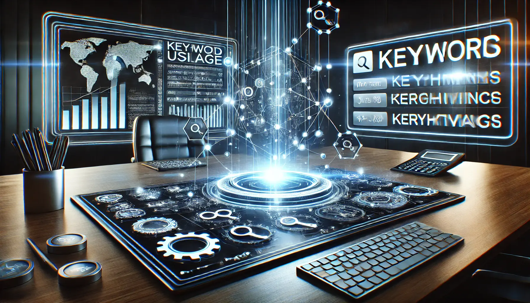 Illustration of mastering keywords usage, featuring glowing dashboards, analytics tools, and interconnected data nodes in a futuristic workspace.