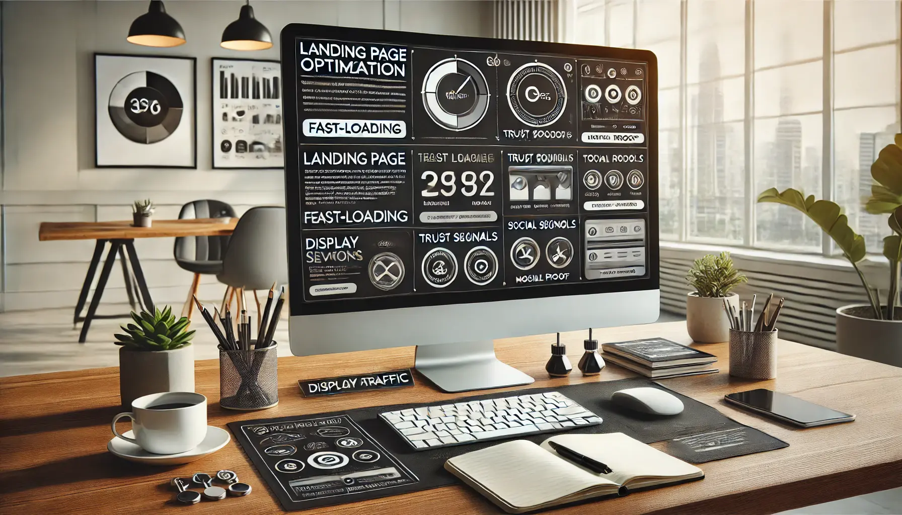 A workspace displaying a digital marketing dashboard with landing page designs and detailed performance metrics, showcasing optimized display ads.