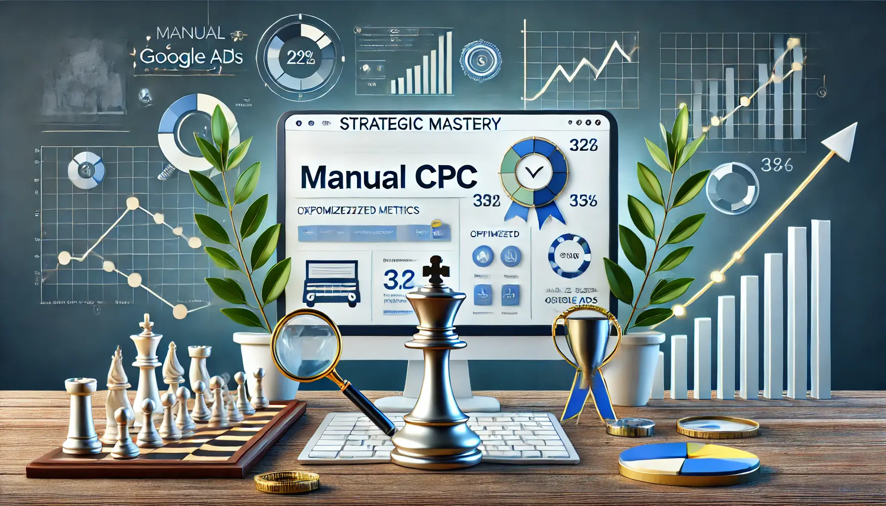 A digital dashboard showing optimized metrics and a trophy symbolizing achievement, surrounded by elements like a chessboard and analytic tools, emphasizing strategic mastery.