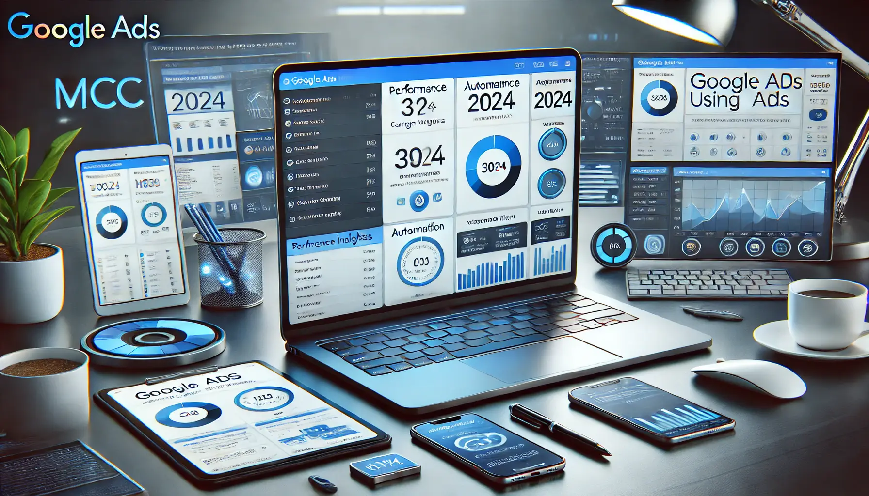 A modern digital marketing workspace featuring a laptop displaying the MCC dashboard with campaign optimization tools.