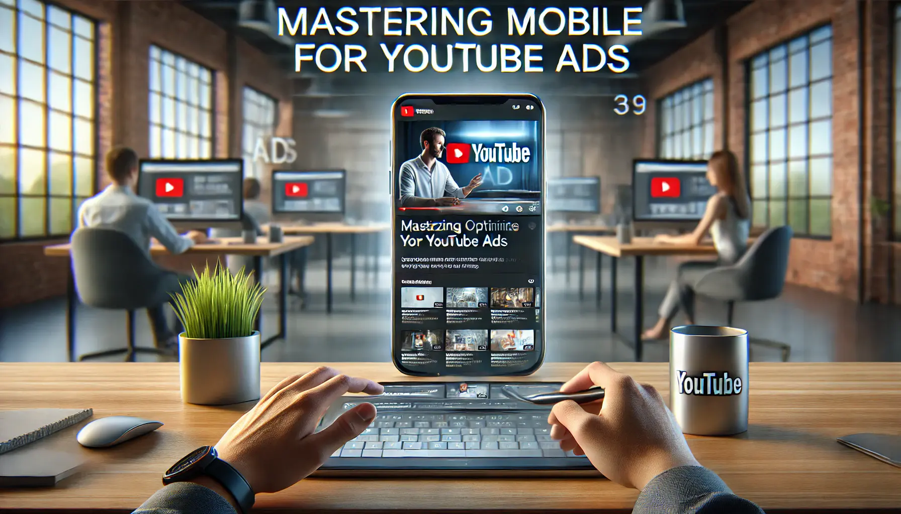 A digital marketer working on optimizing a YouTube ad campaign for mobile users, with a smartphone displaying an optimized YouTube video ad.