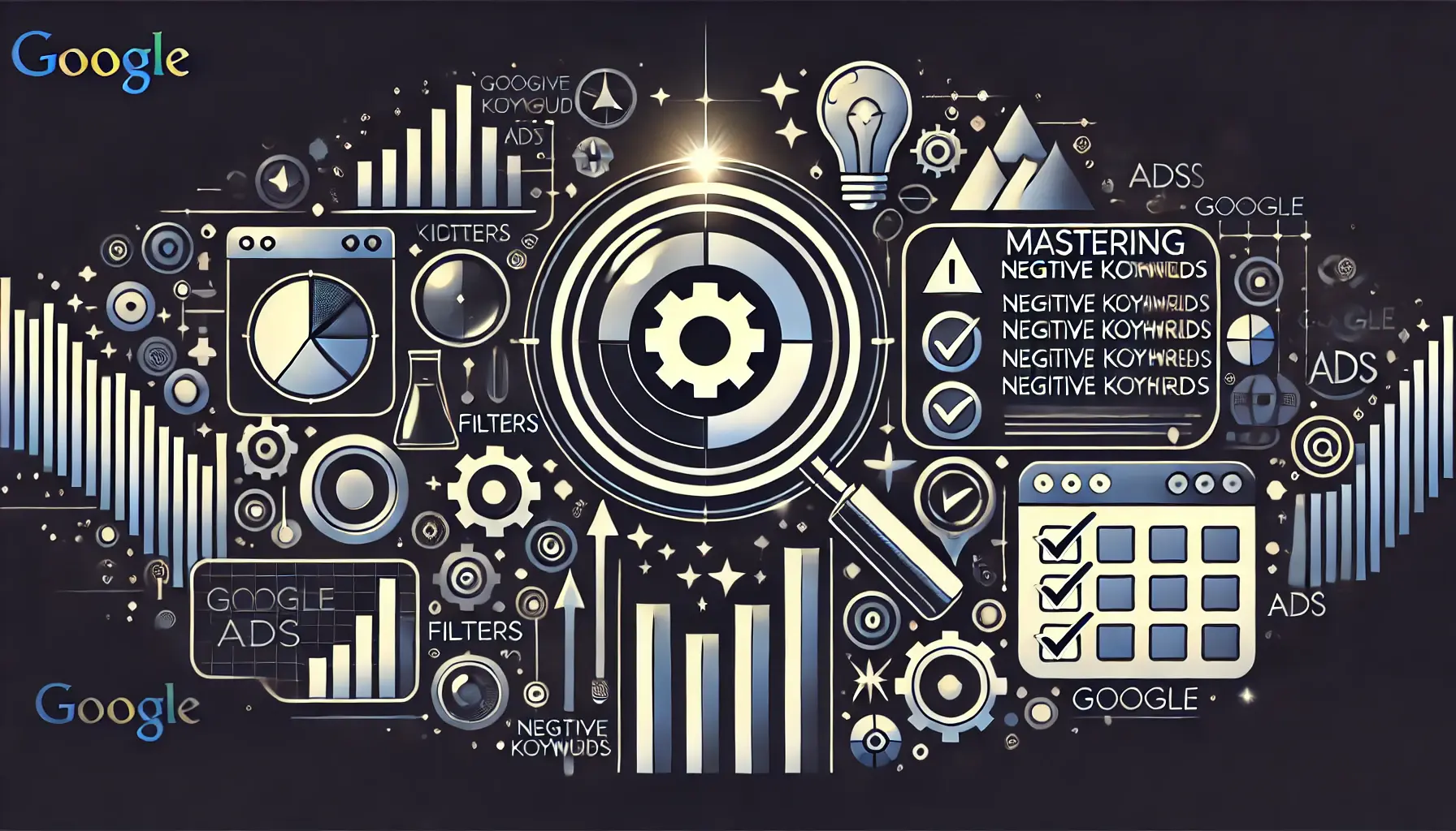 Abstract representation of mastering negative keywords in Google Ads, featuring organized keyword lists, filters, checkmarks, and optimization symbols.