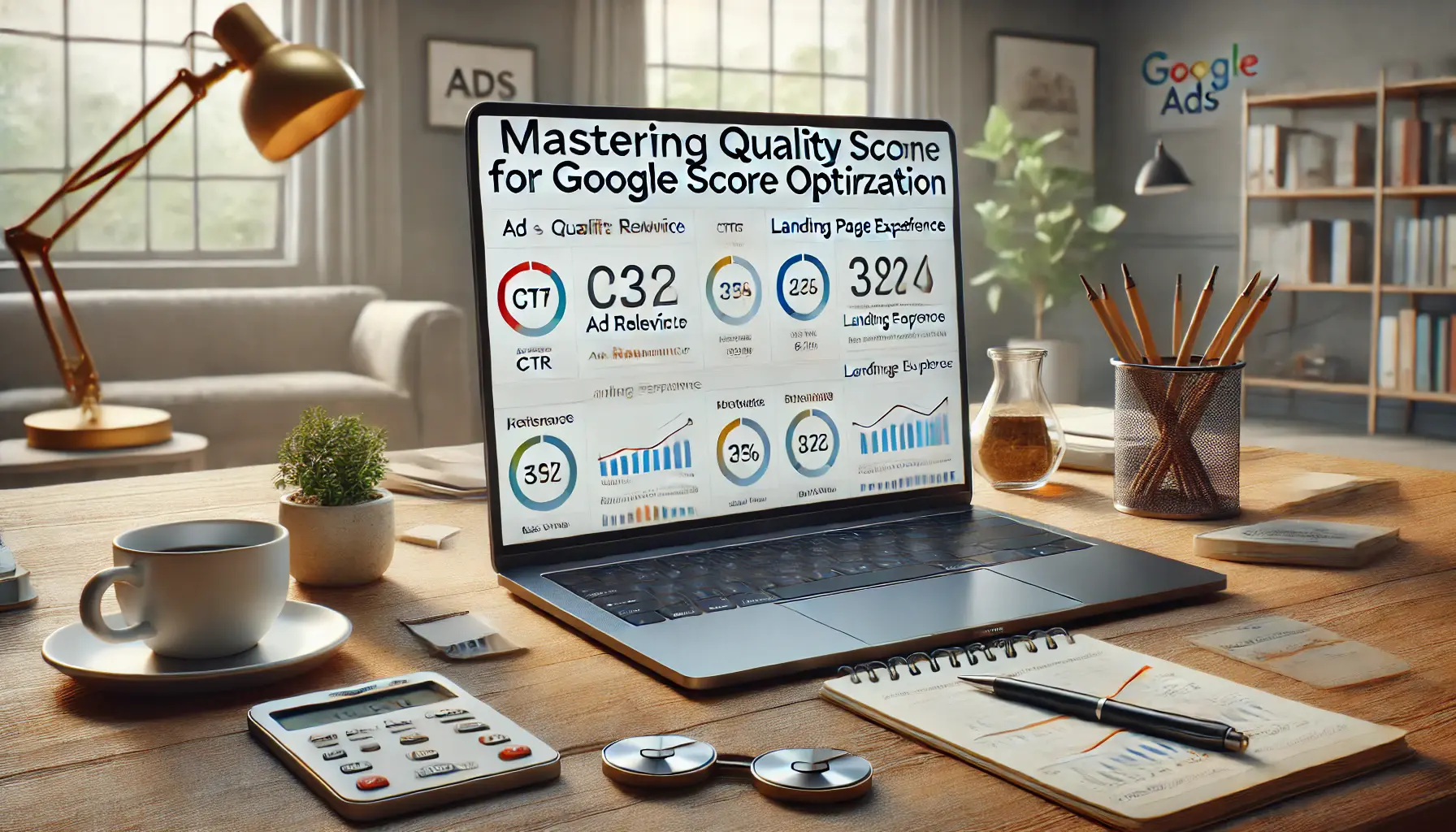 A digital marketing workspace with a laptop displaying Google Ads performance metrics focused on Quality Score optimization.