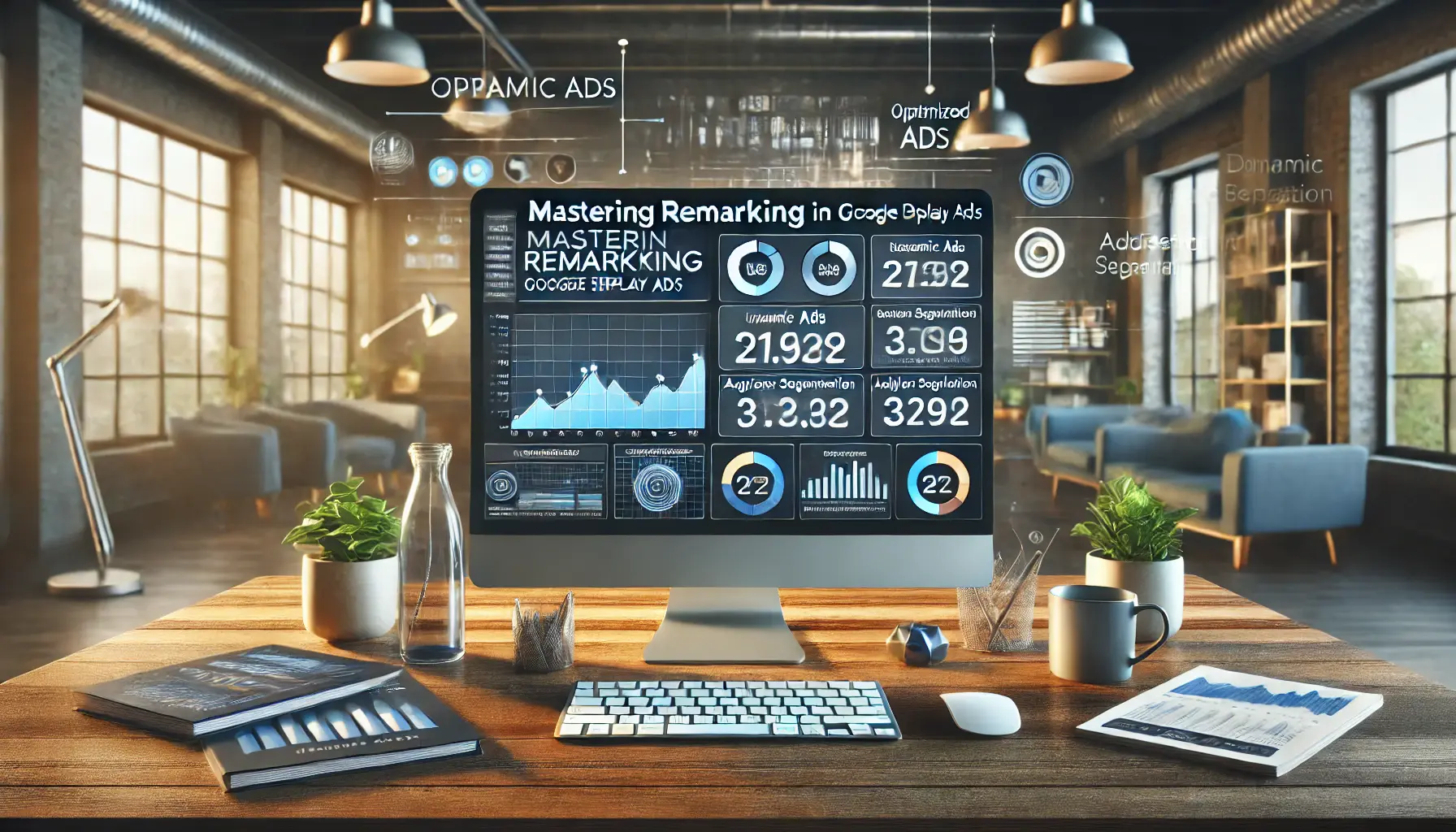 A digital marketing workspace with a computer displaying a remarketing campaign dashboard showing optimized performance, audience segmentation, and analytics.