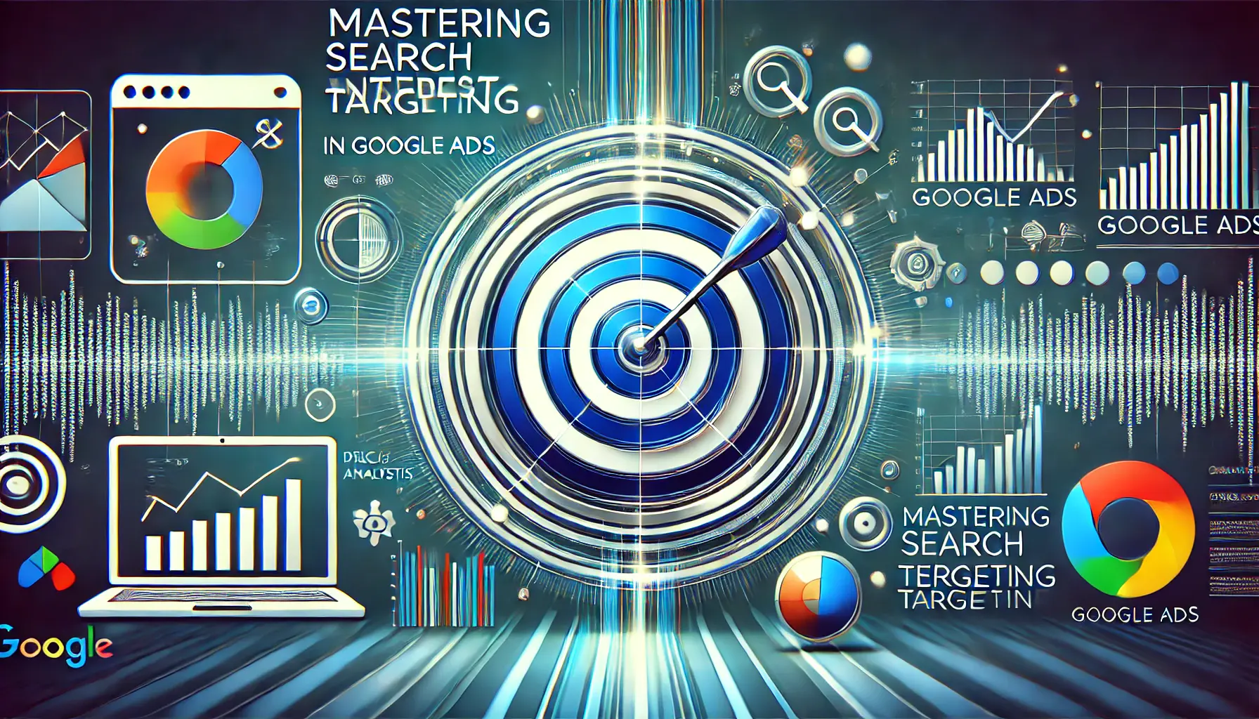 Abstract image representing mastering search interest targeting with a digital target, concentric rings, data analytics graphs, and search-related icons.