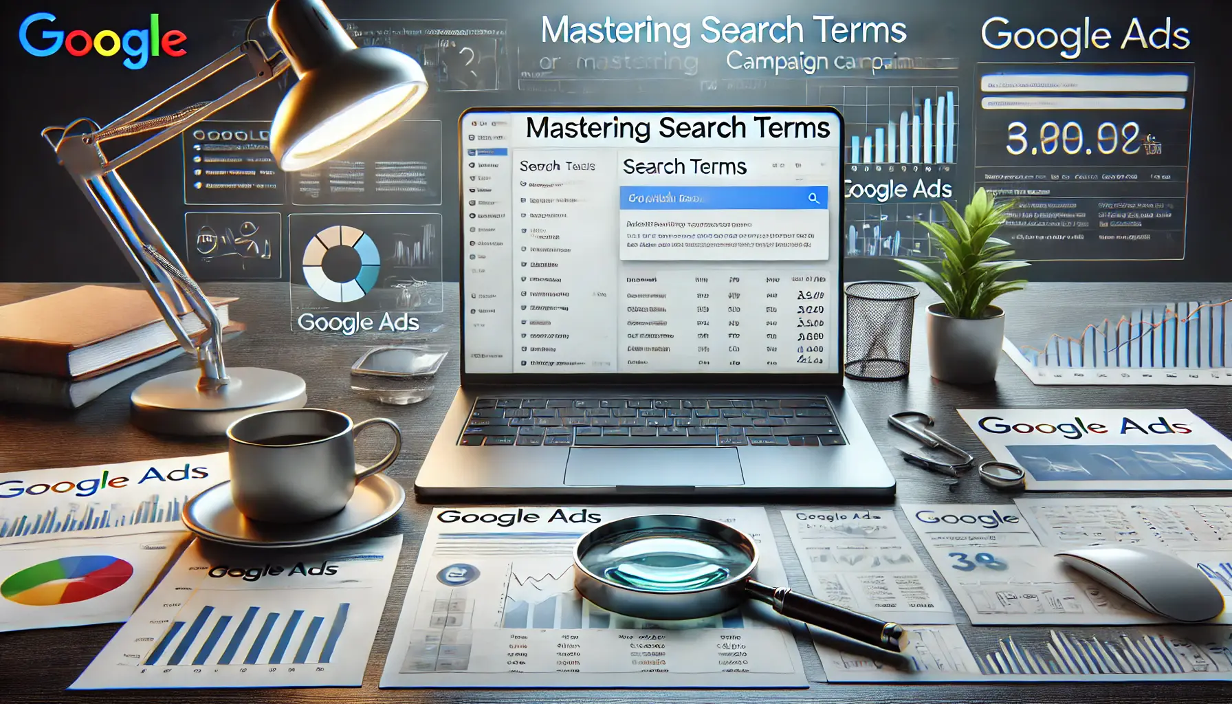 A digital marketing workspace showing a professional mastering search terms in Google Ads, with a laptop displaying search term data and surrounding performance charts.