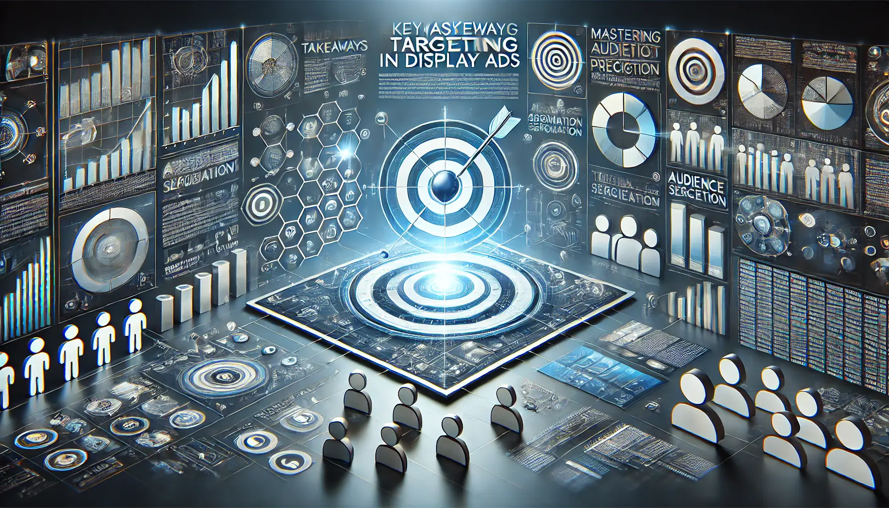 Abstract illustration of mastering targeting in display ads with audience segmentation, data analysis, and ad placement precision.