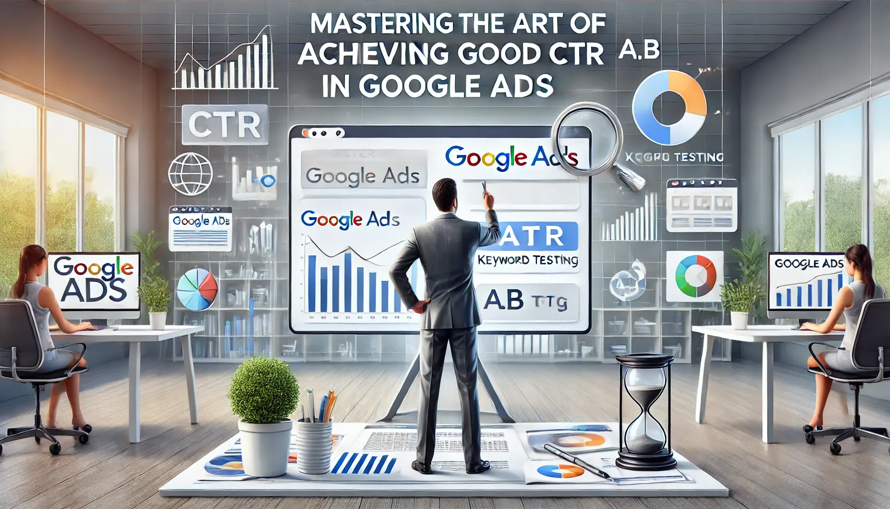 A digital marketer optimizing a Google Ads campaign with a focus on data analysis, keyword optimization, and A/B testing.