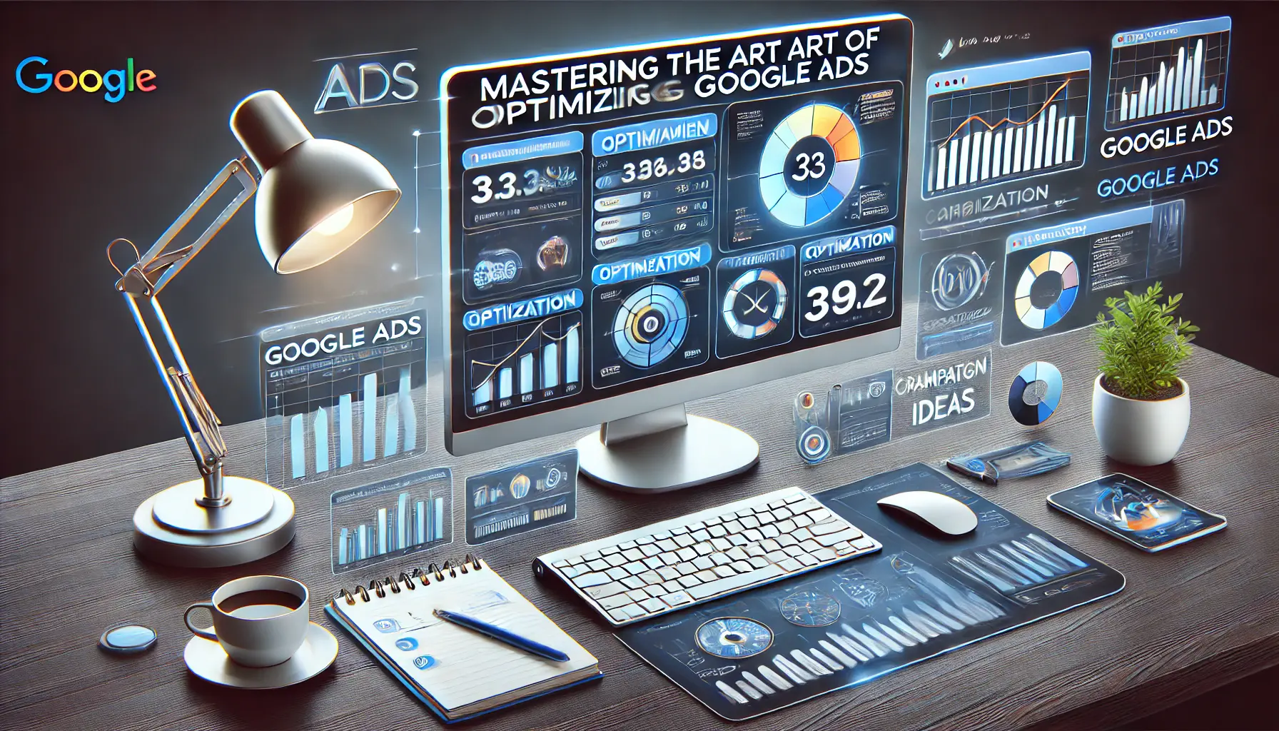 Illustration of a workspace with a computer displaying a detailed Google Ads dashboard, campaign graphs, and optimization tools.