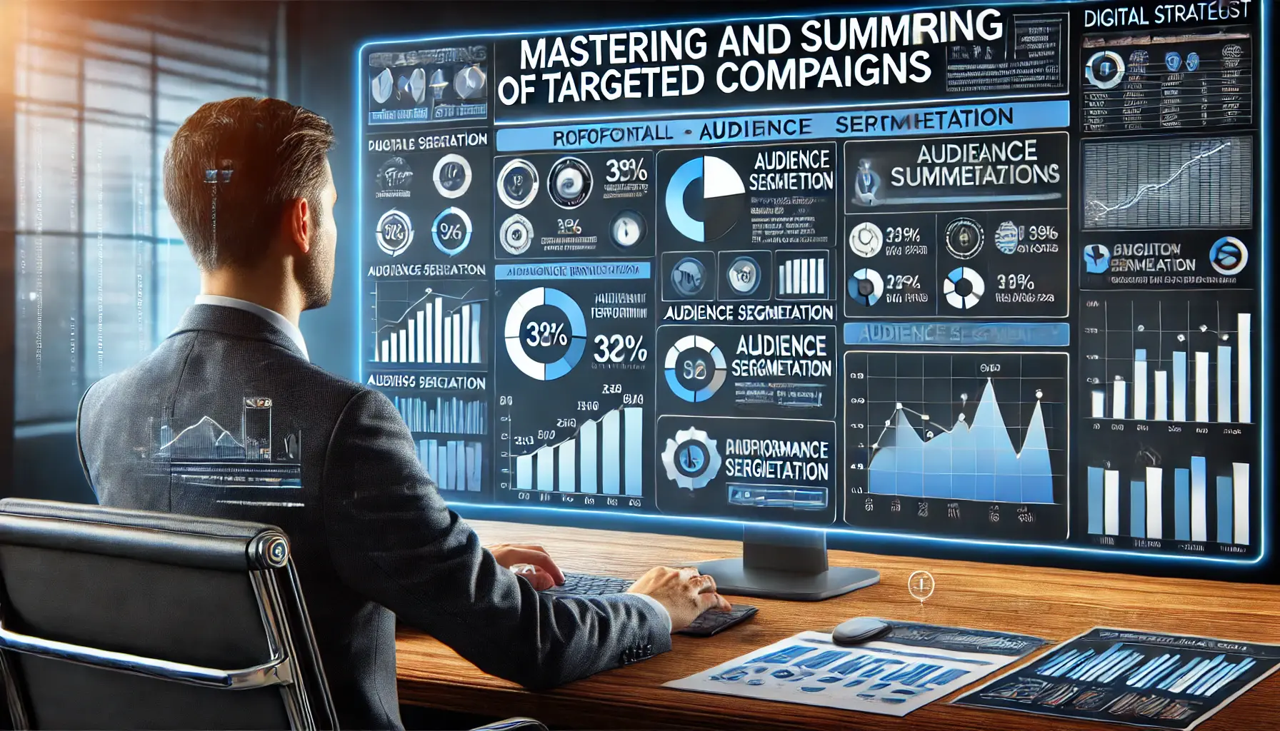 An illustration of a digital strategist reviewing performance metrics and audience segmentation for a summary of targeted campaigns.