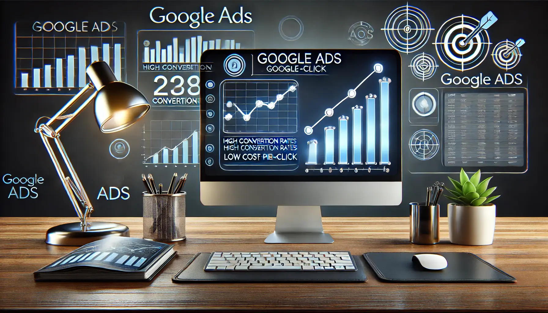 A sleek computer setup displaying a Google Ads dashboard with optimized metrics, surrounded by upward-trending graphs and targeting icons.