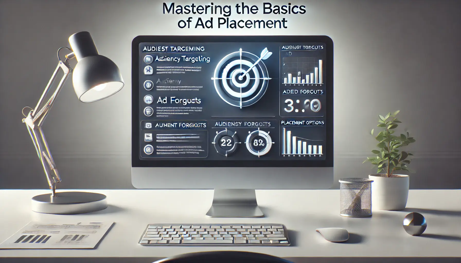 A computer screen displaying an ad placement dashboard with audience targeting, ad formats, and performance metrics, surrounded by basic ad placement icons.