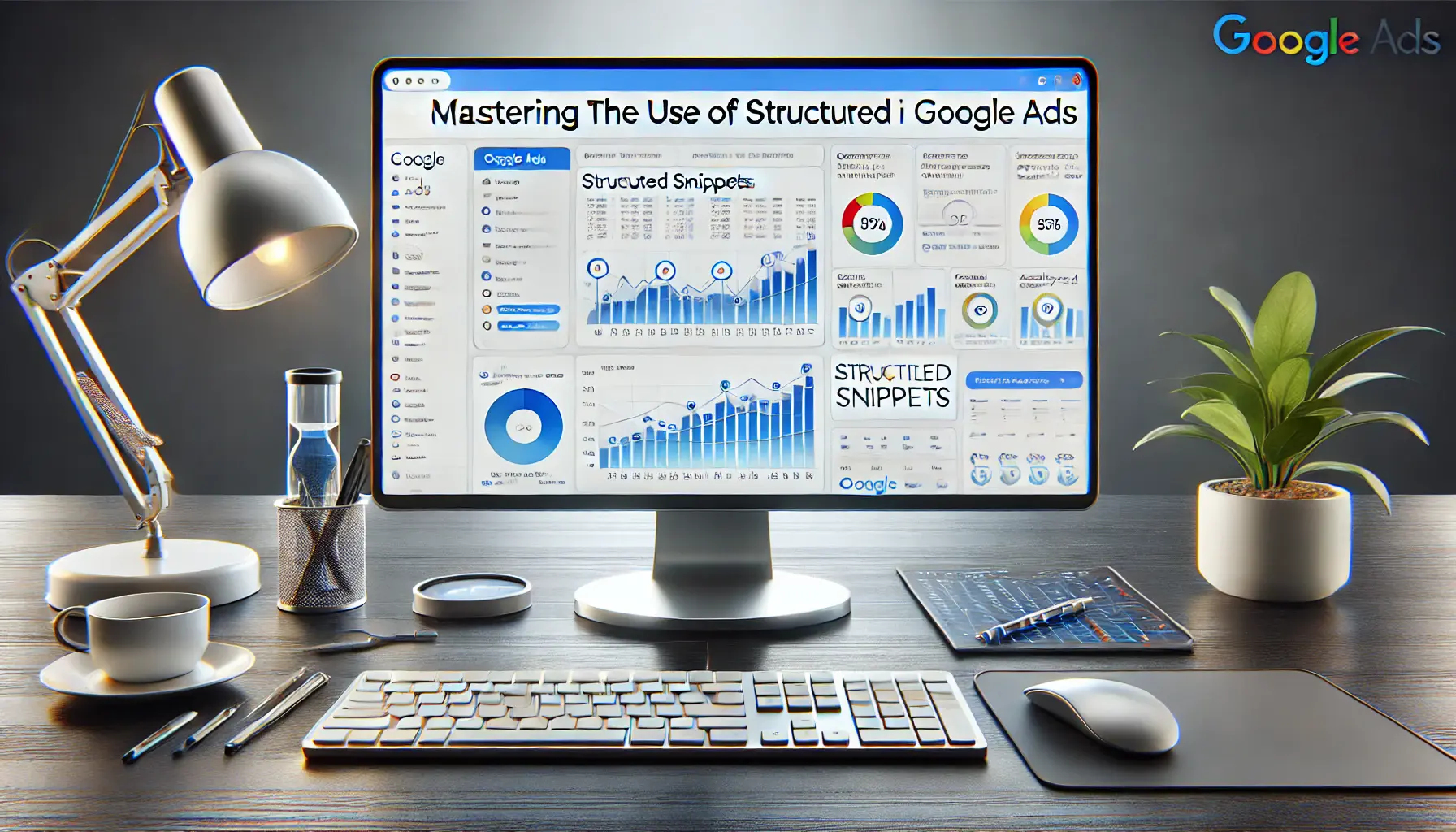 A Google Ads dashboard showing the setup, optimization, and analysis of structured snippets in a professional workspace.