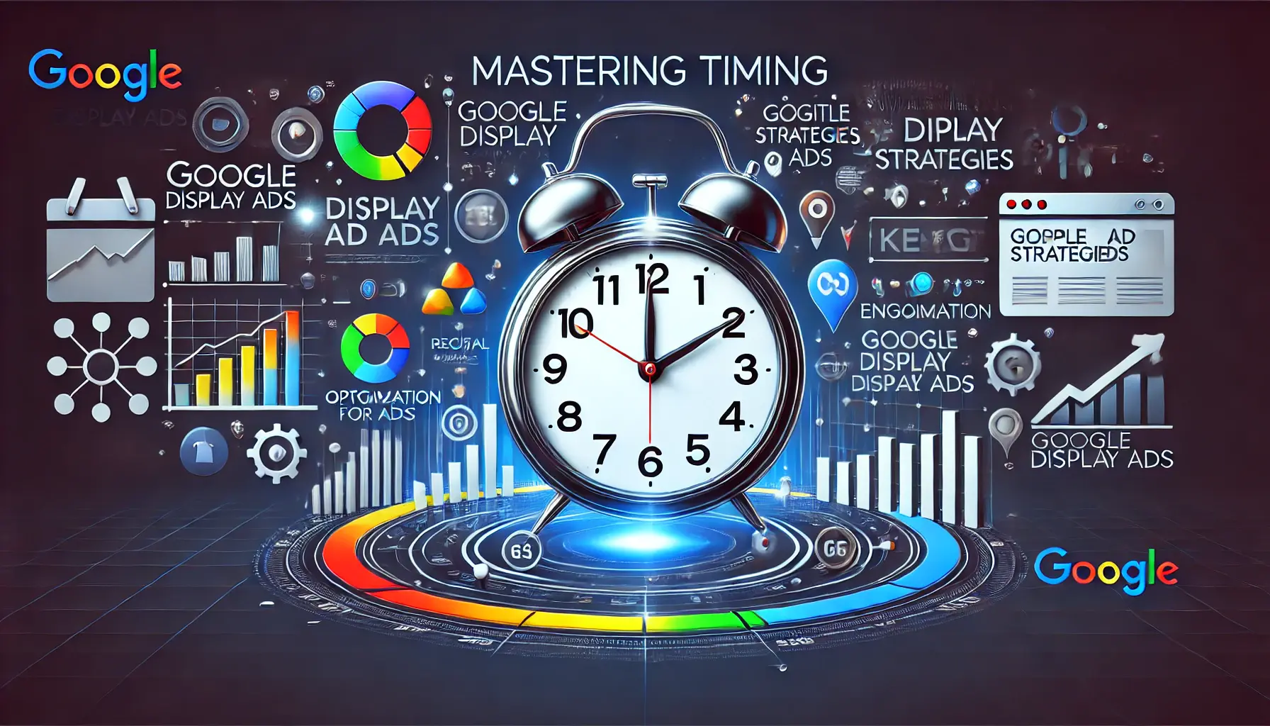 An image showing a clock surrounded by digital ad elements like banners, graphs, and engagement icons, emphasizing the mastery of timing strategies for Google Display Ads.