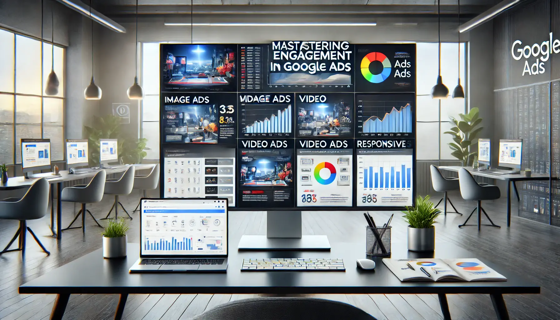 Professional digital marketing workspace showcasing ad types, performance metrics, and Google Ads analytics.