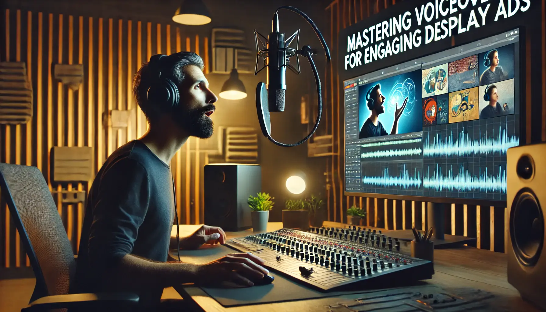 A voiceover artist in a professional studio, recording an ad with expressive voiceover delivery, with a computer screen showing the ad in progress.