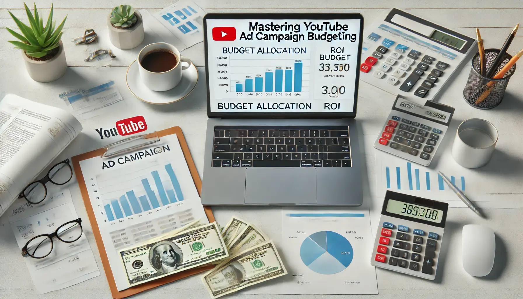 A workspace with a laptop showing an overview of an ad campaign's performance, budget allocation, and ROI, along with financial documents, a calculator, and a cup of coffee, symbolizing mastering ad campaign budgeting.