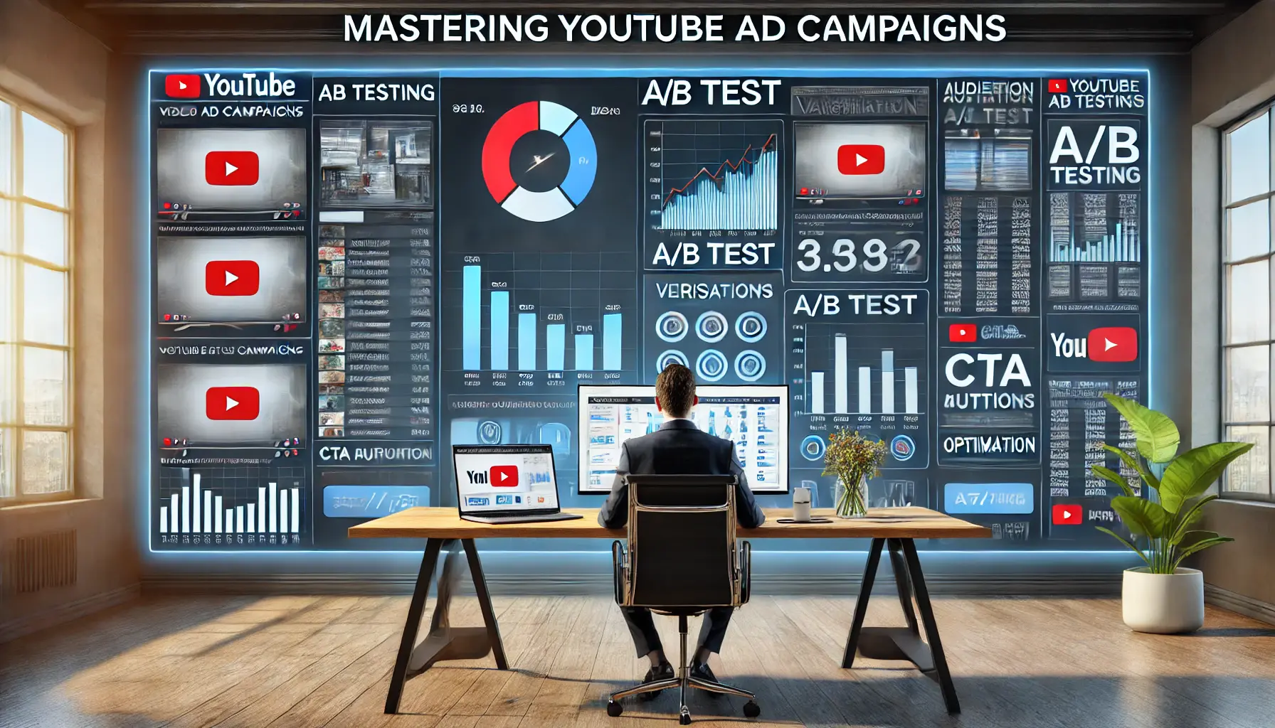 A visual representation of mastering YouTube ad campaigns with A/B testing, showing a marketer analyzing performance charts and data on multiple screens.