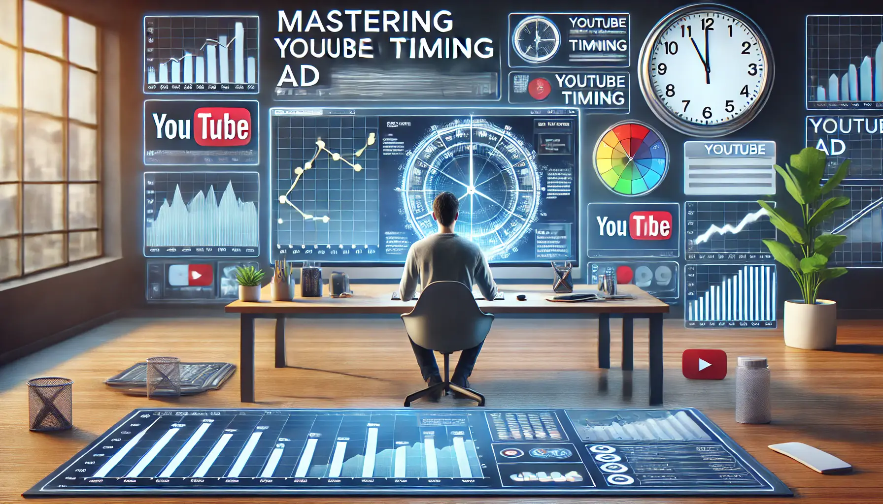 A digital marketing workspace with a person analyzing graphs and timelines on a computer screen, focusing on mastering YouTube ad timing.