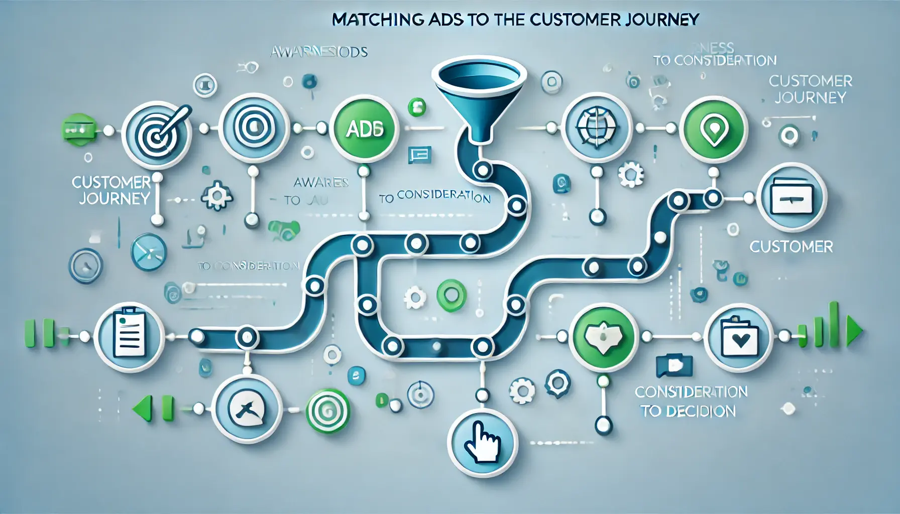 Abstract illustration of matching ads to the customer journey with interconnected stages, funnel, arrows, and icons representing awareness, consideration, and decision stages.