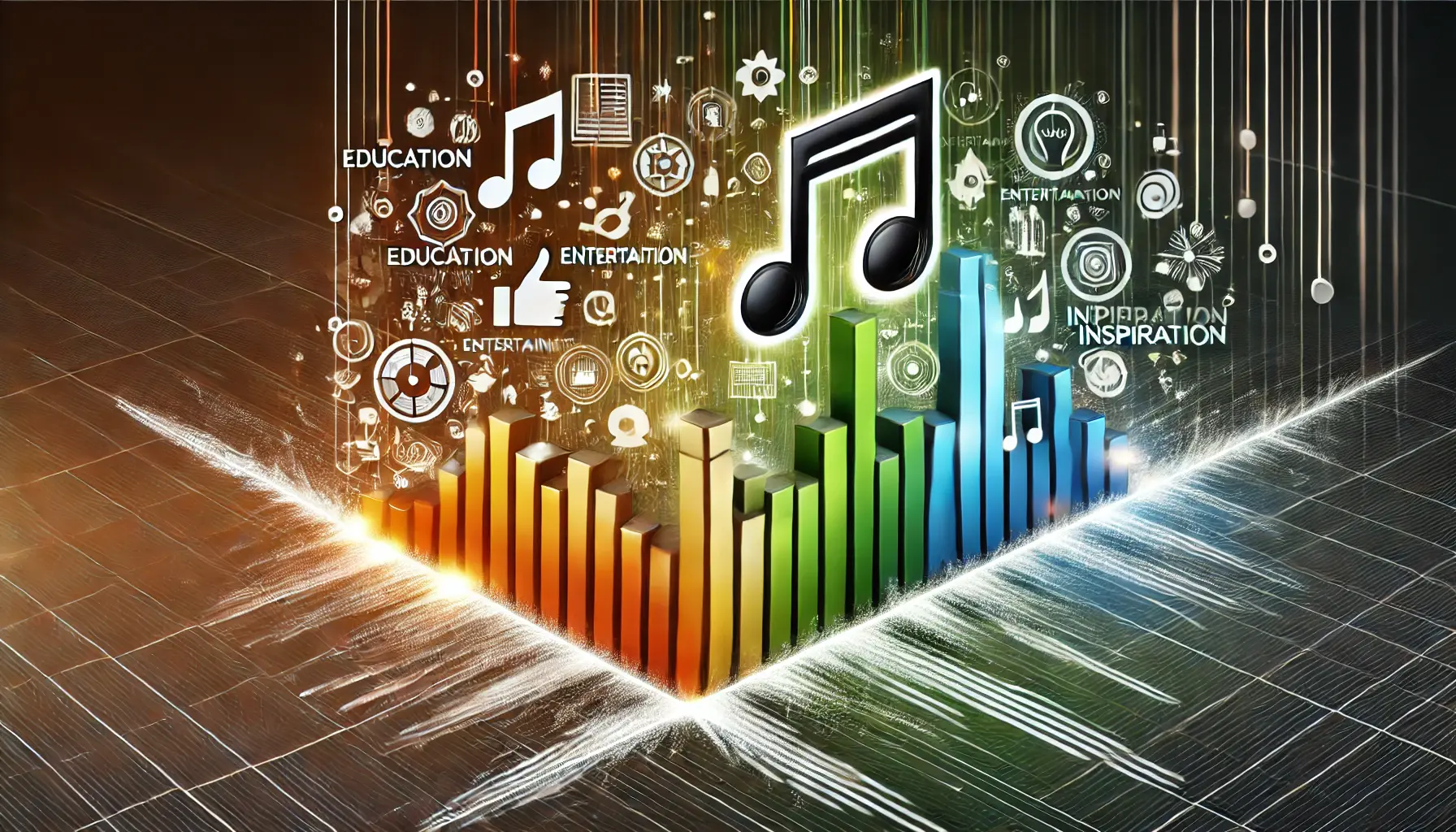 Professional image featuring a vibrant music equalizer blending with icons representing education, entertainment, and inspiration.