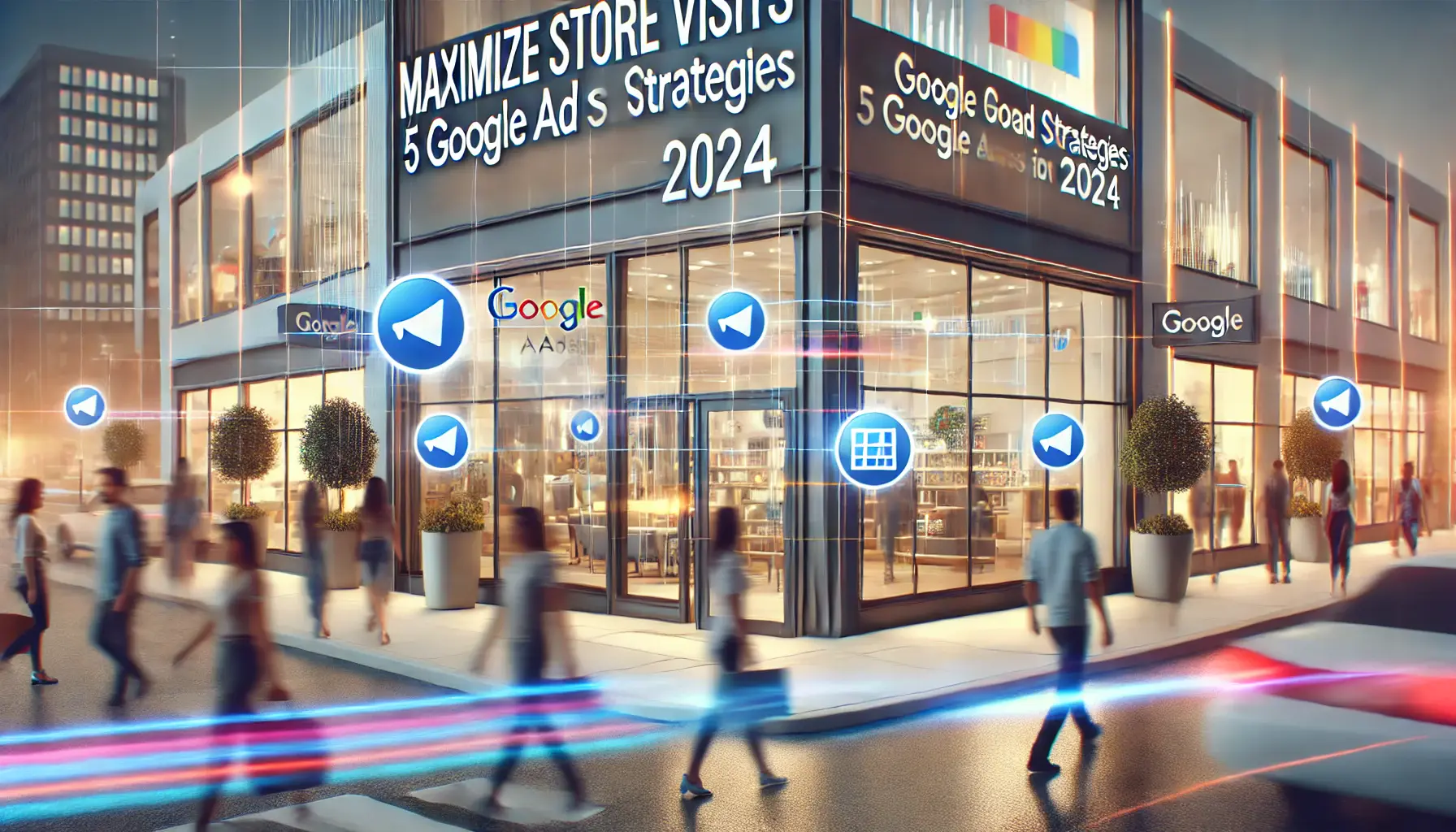 Modern retail storefront with digital Google Ads icons, lively city setting, blurred people walking by suggesting foot traffic.