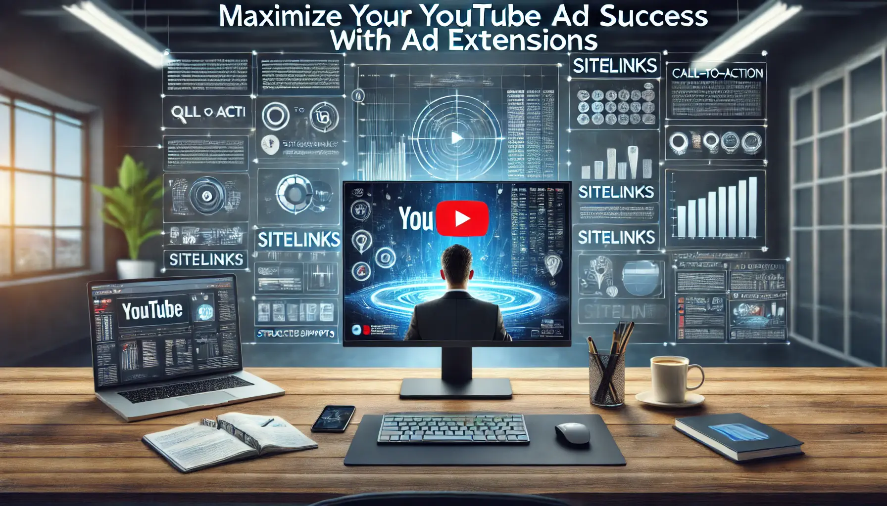 A digital marketer analyzing a YouTube ad campaign with ad extensions in a modern workspace.