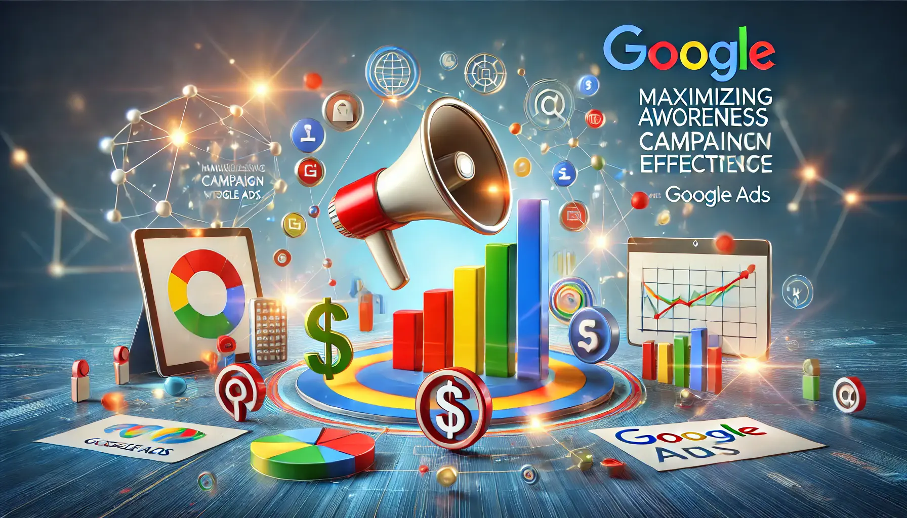 A vibrant digital marketing concept with connected devices, advertising icons like a megaphone and a dollar sign, and a stylized analytics dashboard, subtly incorporating Google's branding colors.