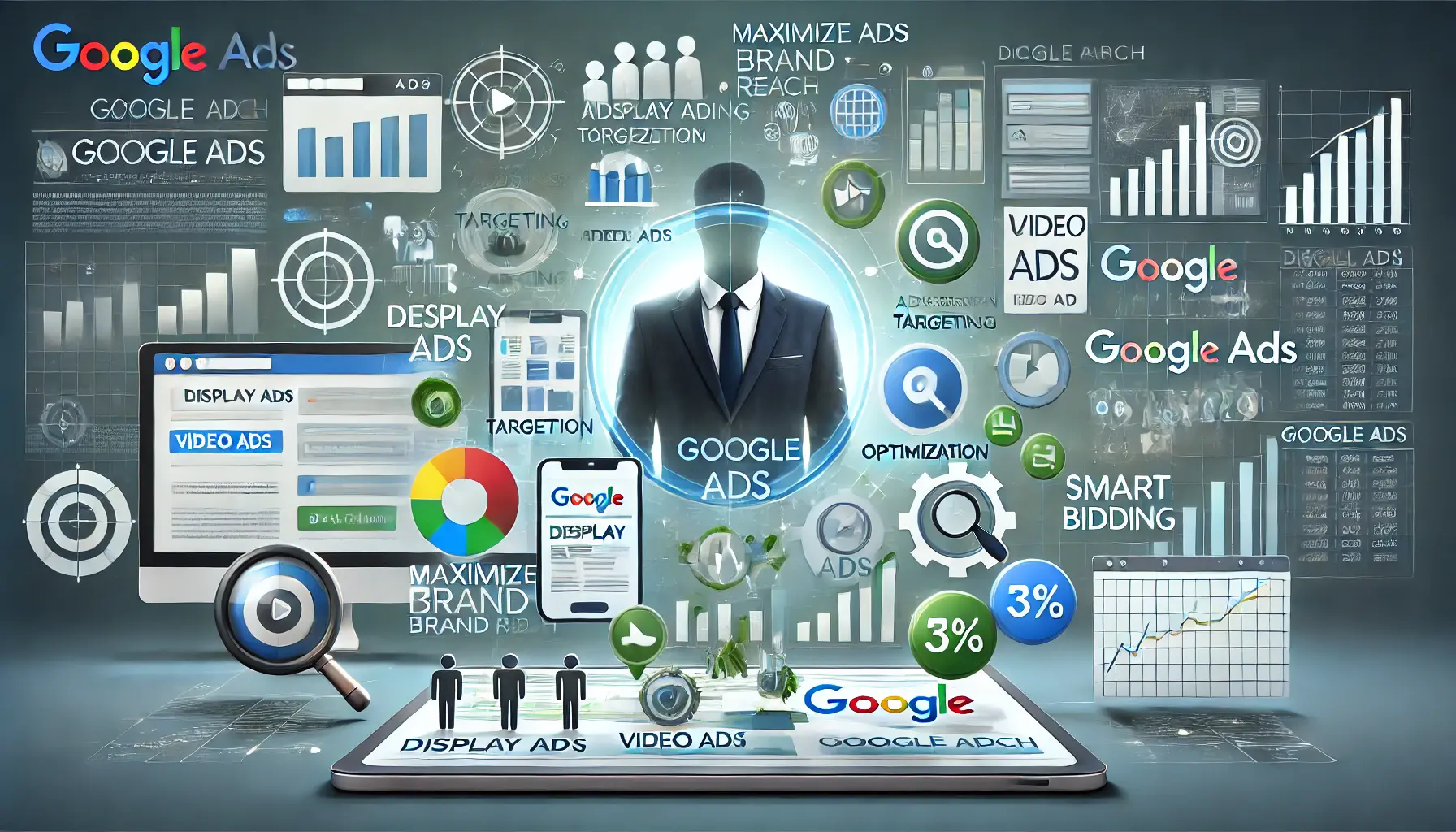 Digital marketing platform showing Google Ads features like display ads, video ads, and smart bidding, symbolizing maximizing brand reach.