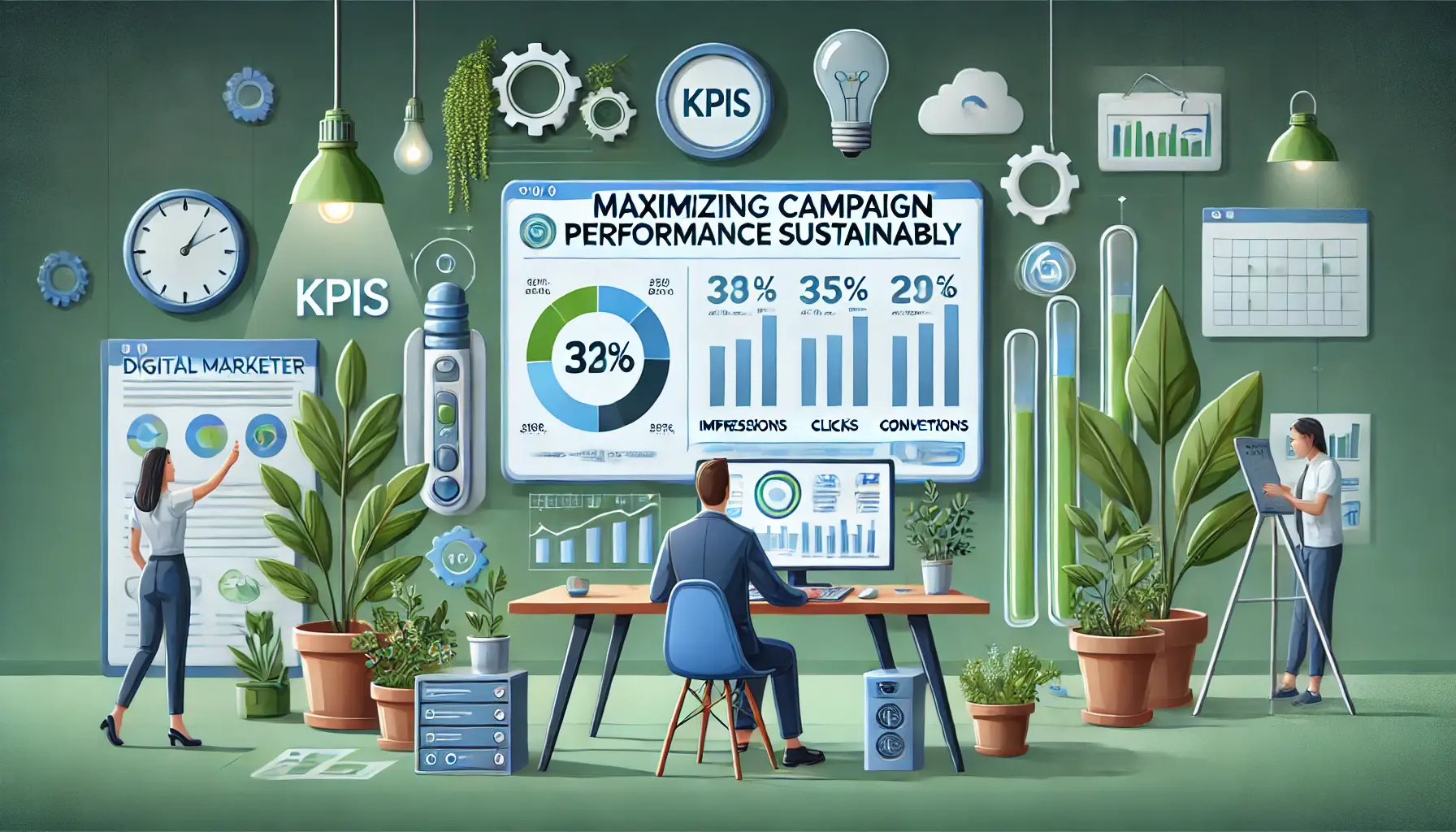 Illustration of a digital marketer analyzing a campaign dashboard showing key performance indicators (KPIs), with eco-friendly elements like plants and energy-efficient devices.