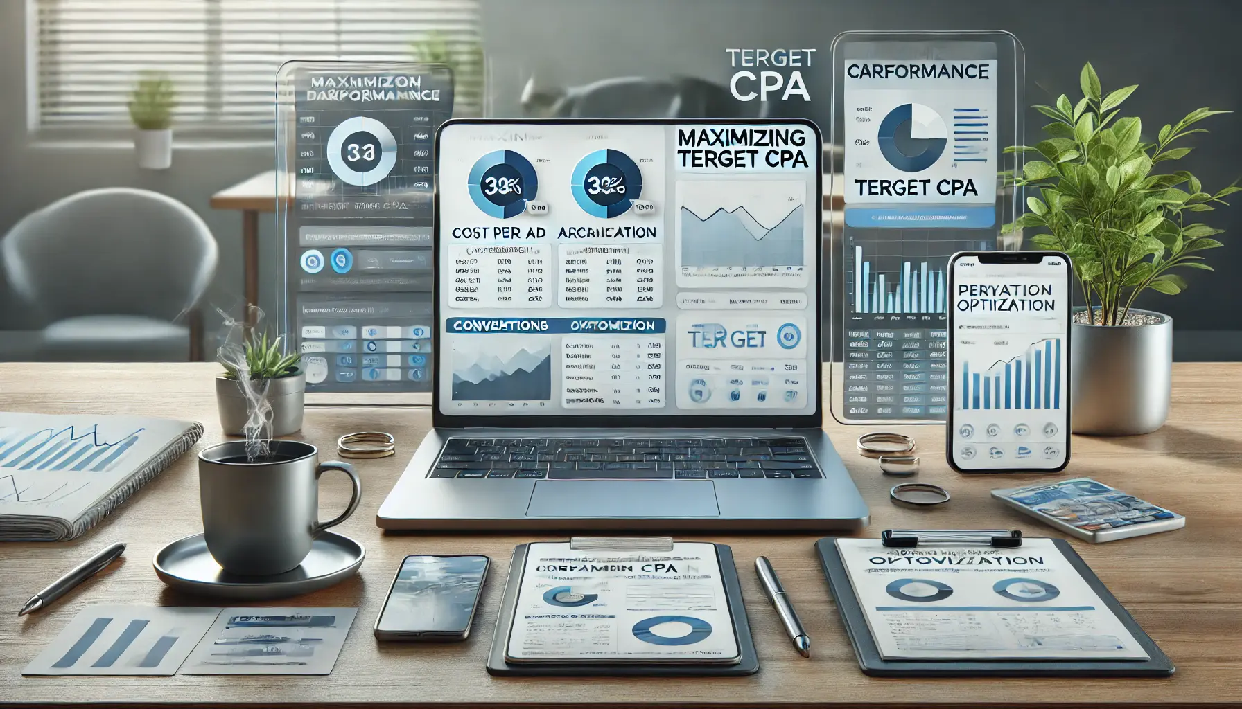 A professional digital marketing workspace with a laptop displaying optimized Google Ads metrics like conversions, CPA, and ROAS, a tablet with optimization insights, and a notepad with strategy adjustments.