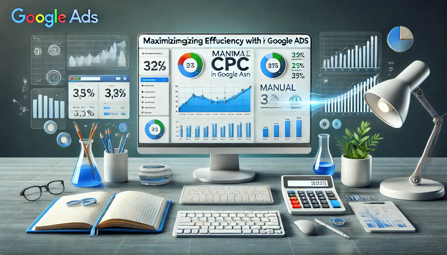 A professional workspace with a digital screen displaying a Google Ads dashboard with metrics and charts, surrounded by analytical tools and a calculator, symbolizing efficiency and optimization.