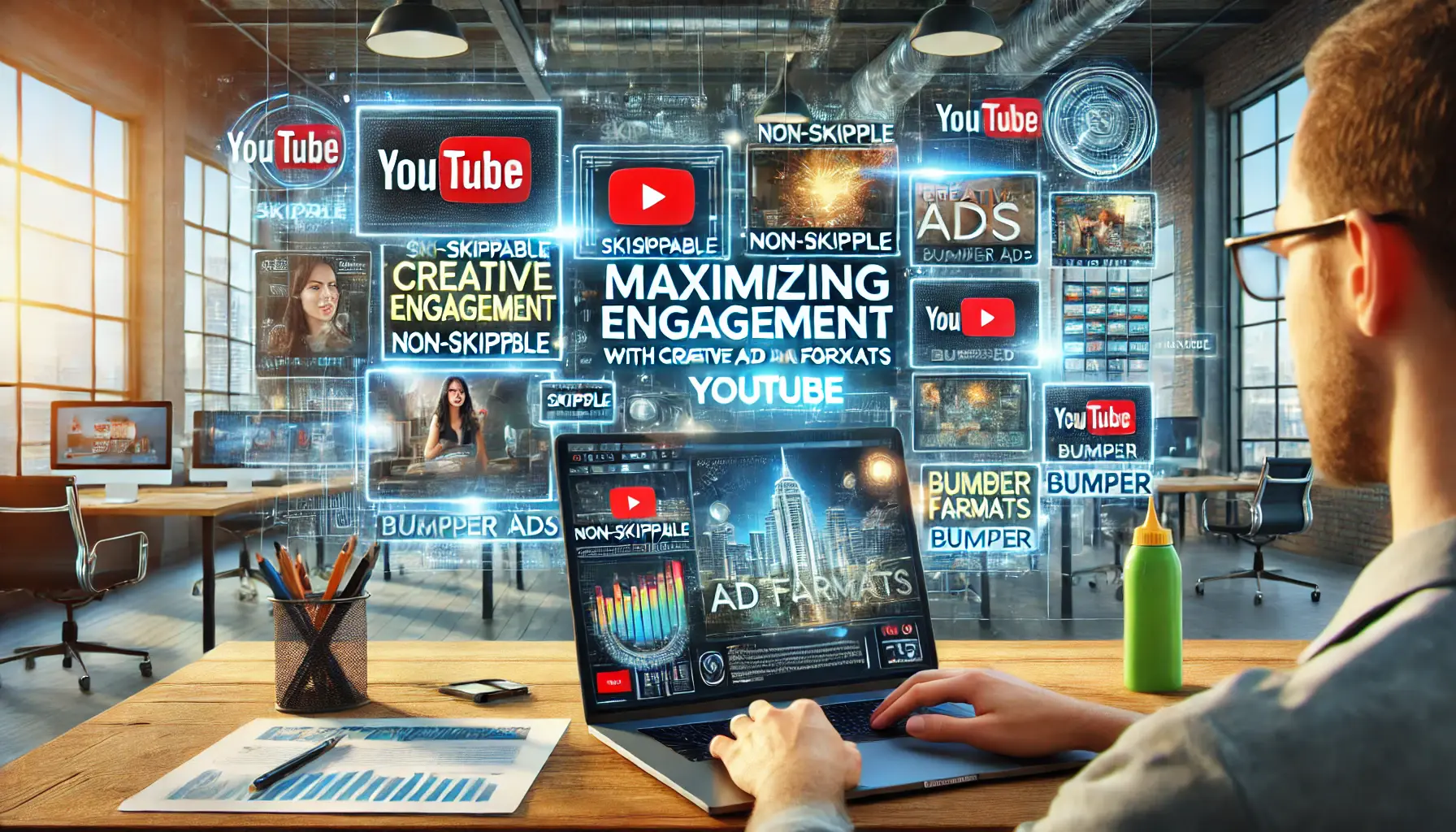 A digital marketing professional analyzing YouTube's creative ad formats like skippable, non-skippable, and bumper ads on a laptop screen with dynamic visuals.