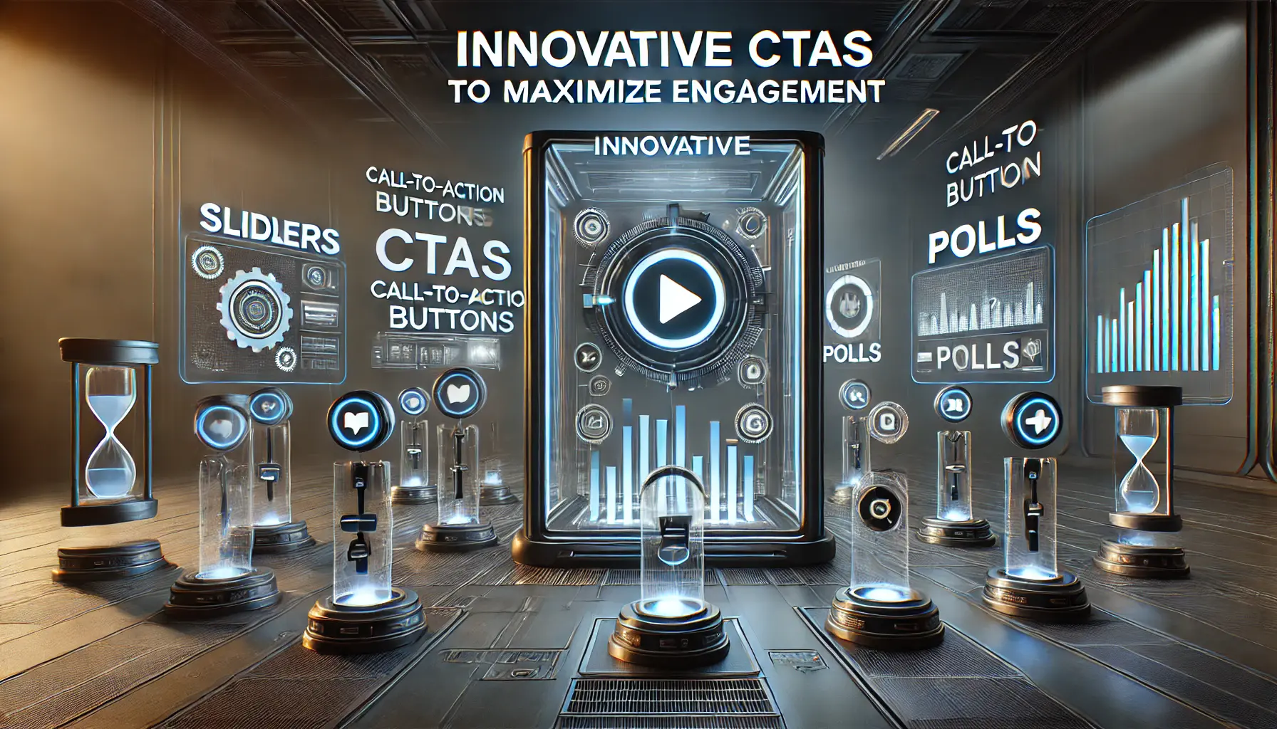 A futuristic digital interface with interactive call-to-action buttons like sliders, polls, and dynamic elements designed to maximize user engagement.