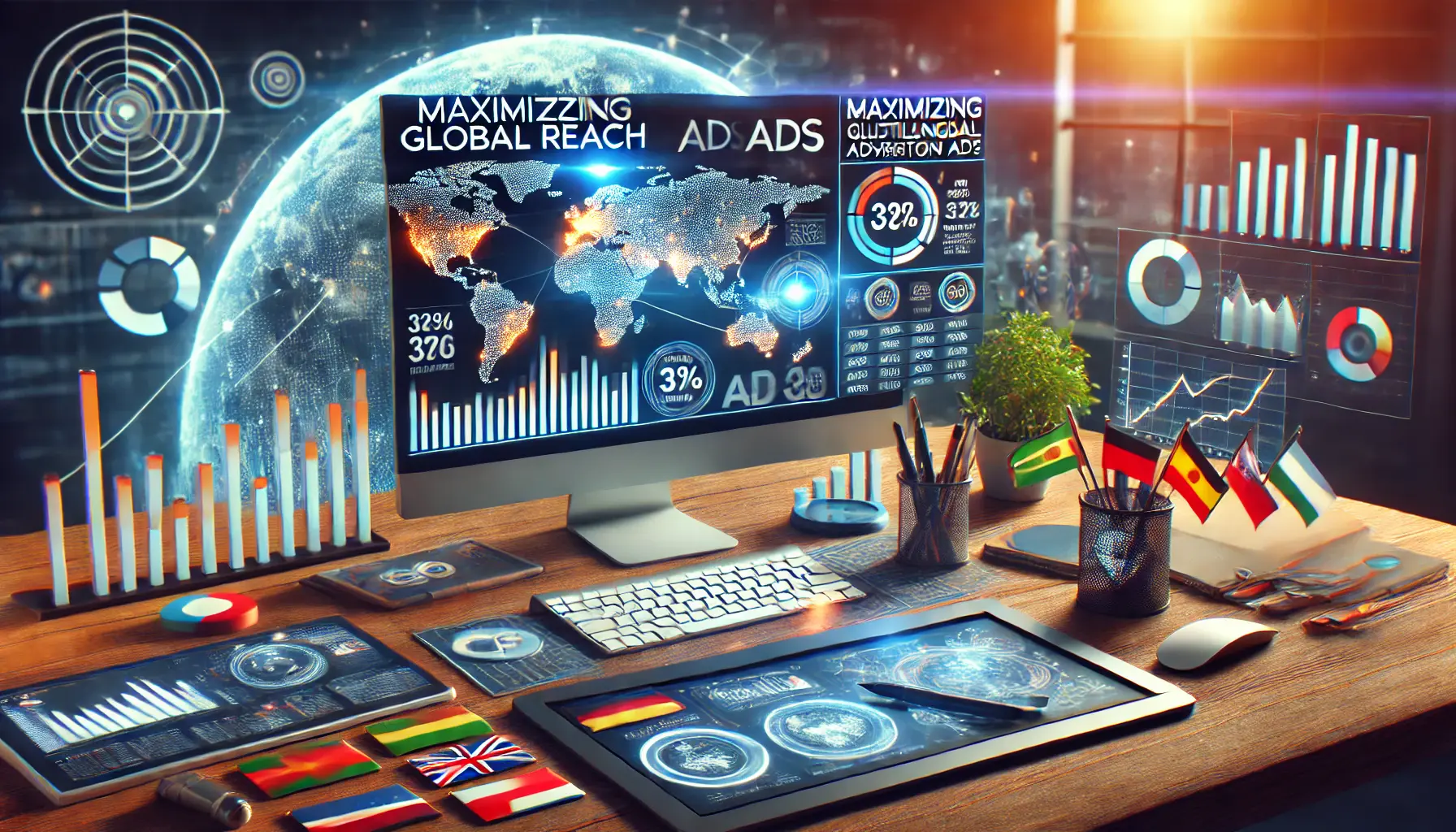 Workspace with a computer displaying a global advertising dashboard with audience demographics and performance metrics.