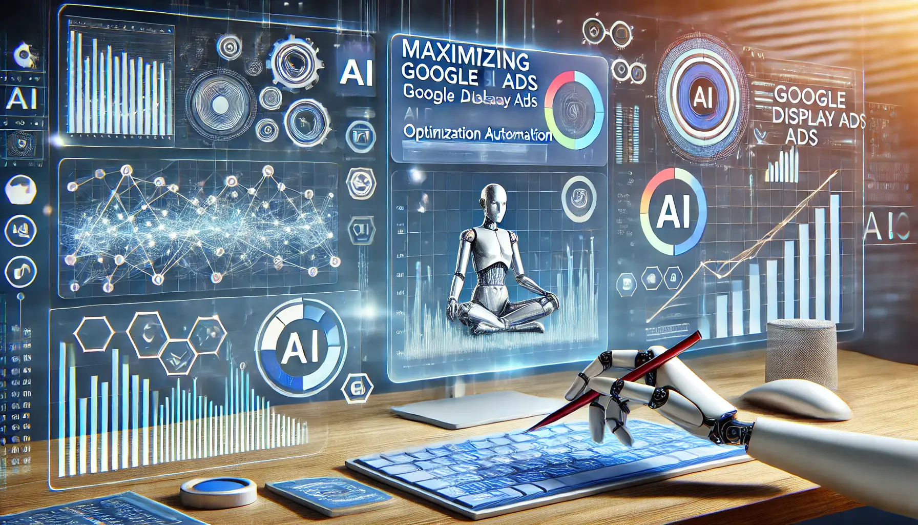 An image illustrating the process of maximizing Google Display Ads with AI automation, featuring a digital workspace displaying Google Ads performance metrics and optimization graphs.